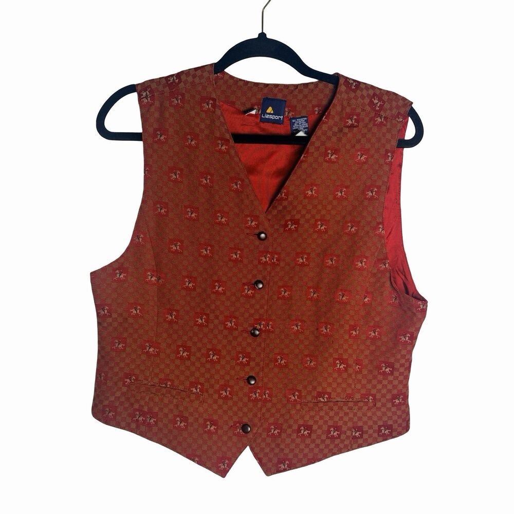 Liz Sport Vintage Vest Equestrian Horses Women's Size 12 Waistcoat Lined Red